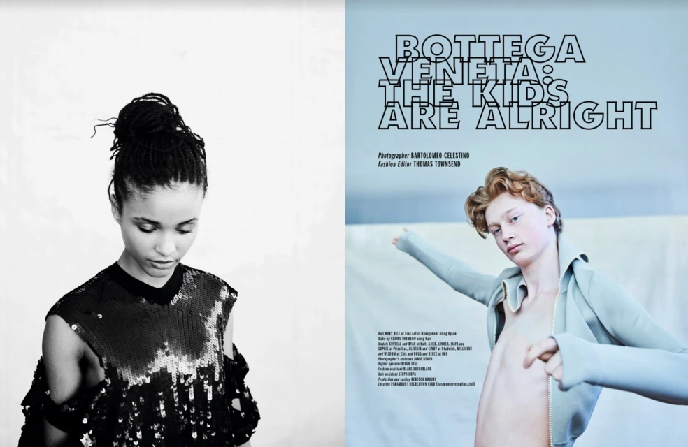 Fashion editorial featuring two young adults, one wearing a sequined top against a white backdrop, the other in athleisure wear.