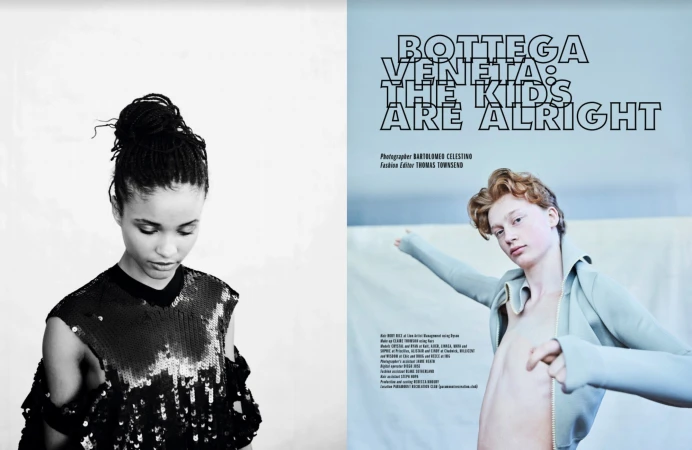 Fashion editorial featuring two young adults, one wearing a sequined top against a white backdrop, the other in athleisure wear.