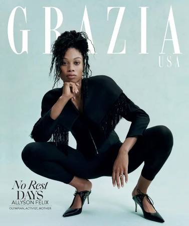 Allyson Felix poses in black outfit on a magazine cover with 'Grazia USA' text. She is crouching and wearing high heels.