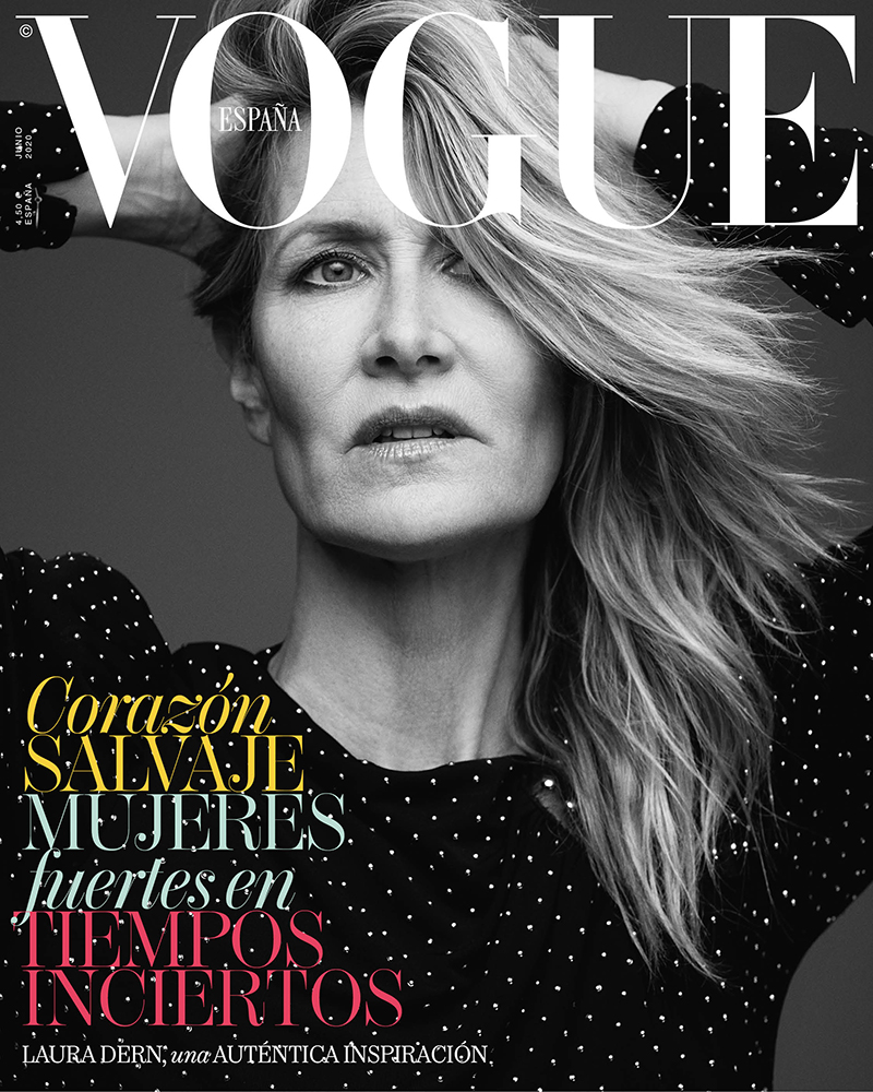 Vogue Espana cover featuring Laura Dern in a black and white portrait; she wears a dark polka dot top with her hands behind her head.