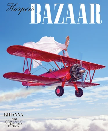 Harper's Bazaar cover featuring woman in white dress standing on red biplane against blue sky with clouds, "Rihanna 150th Anniversary".