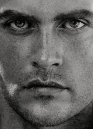 Close-up monochrome portrait of a man's face focusing intently on his eyes and textured skin details