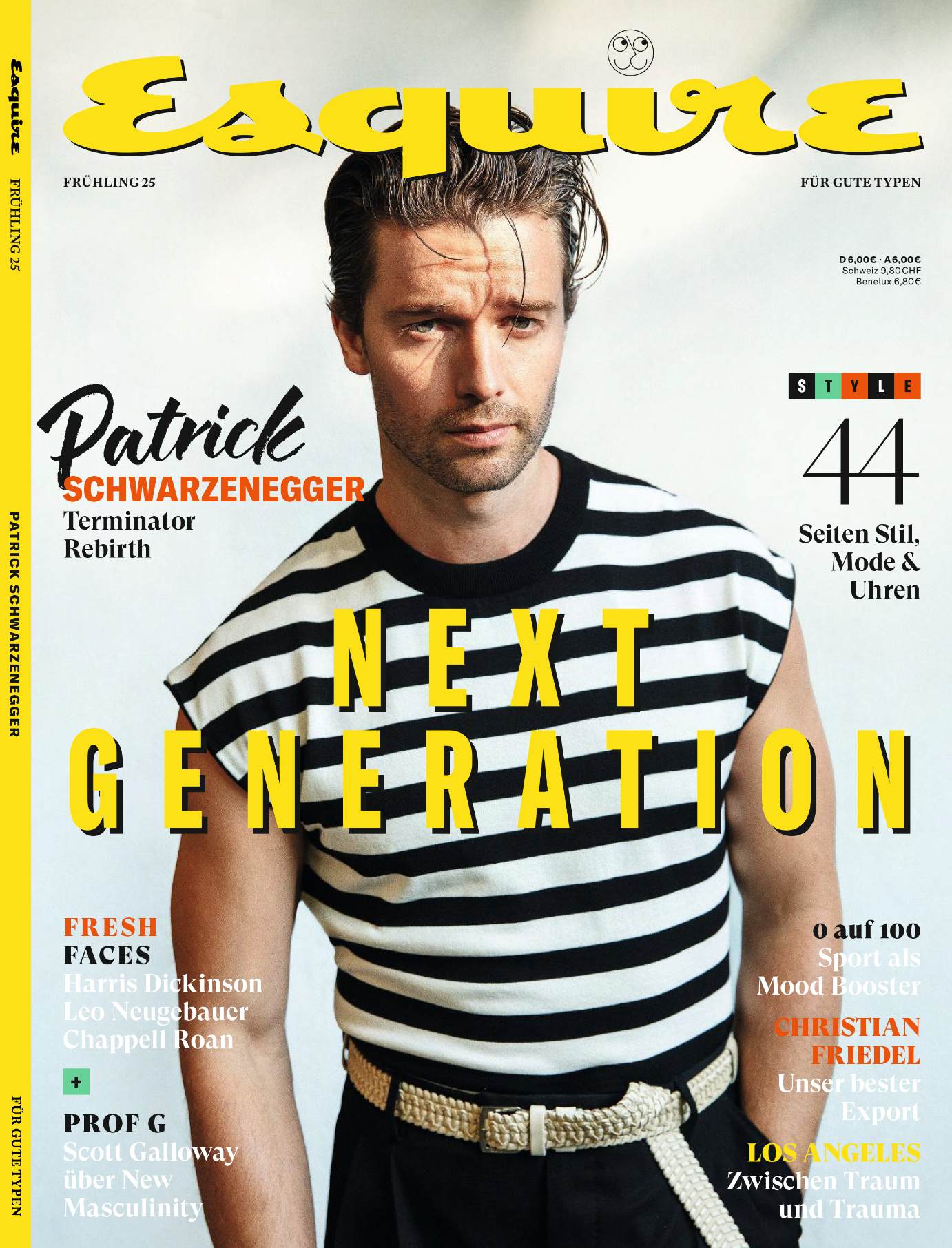 Magazine cover featuring Patrick Schwarzenegger wearing a striped shirt with the title 'Esquire' and text such as 'Next Generation'.