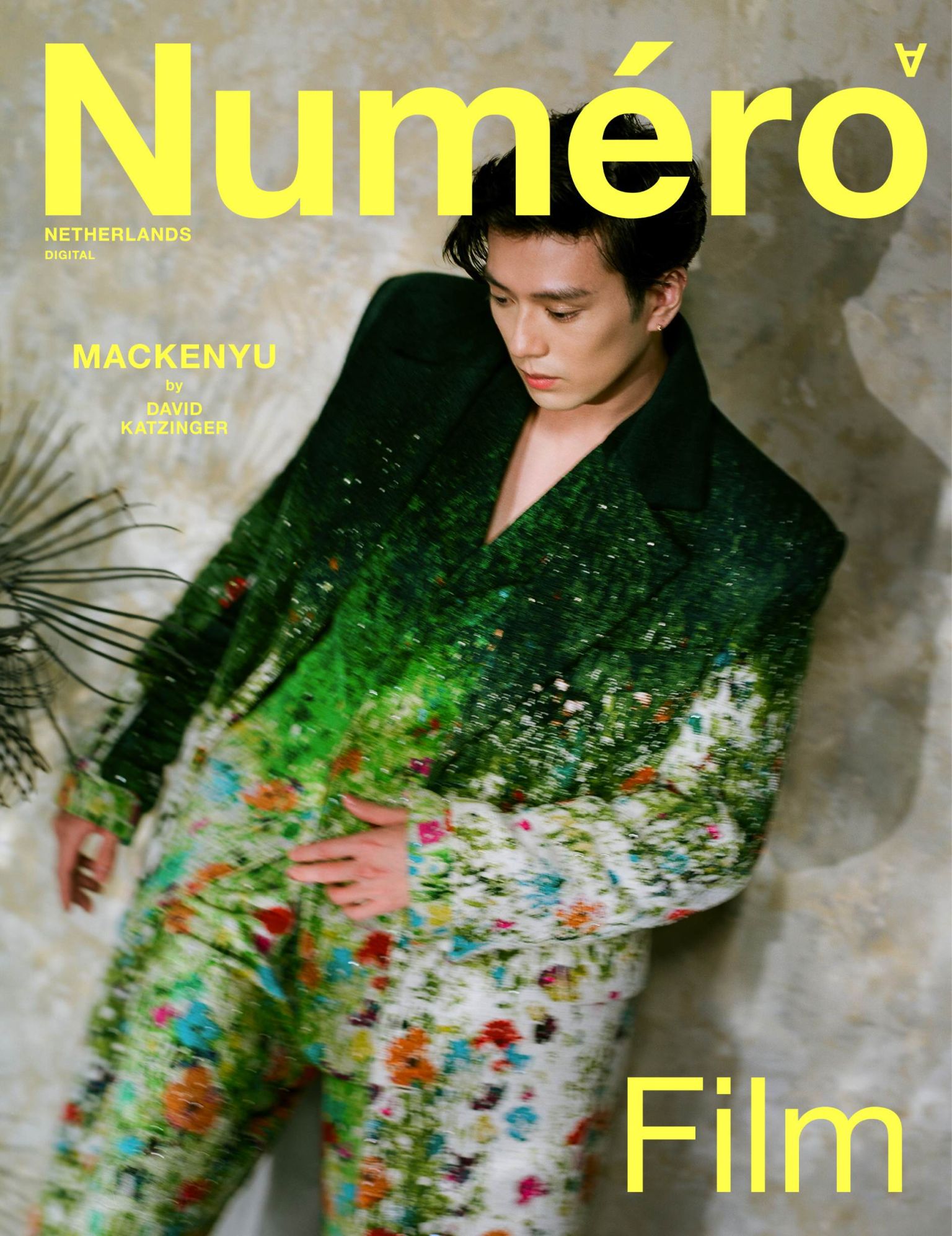 Magazine cover shot of Mackenyu Arata in a green, patterned suit and floral pants, against a neutral background with a palm frond visible.