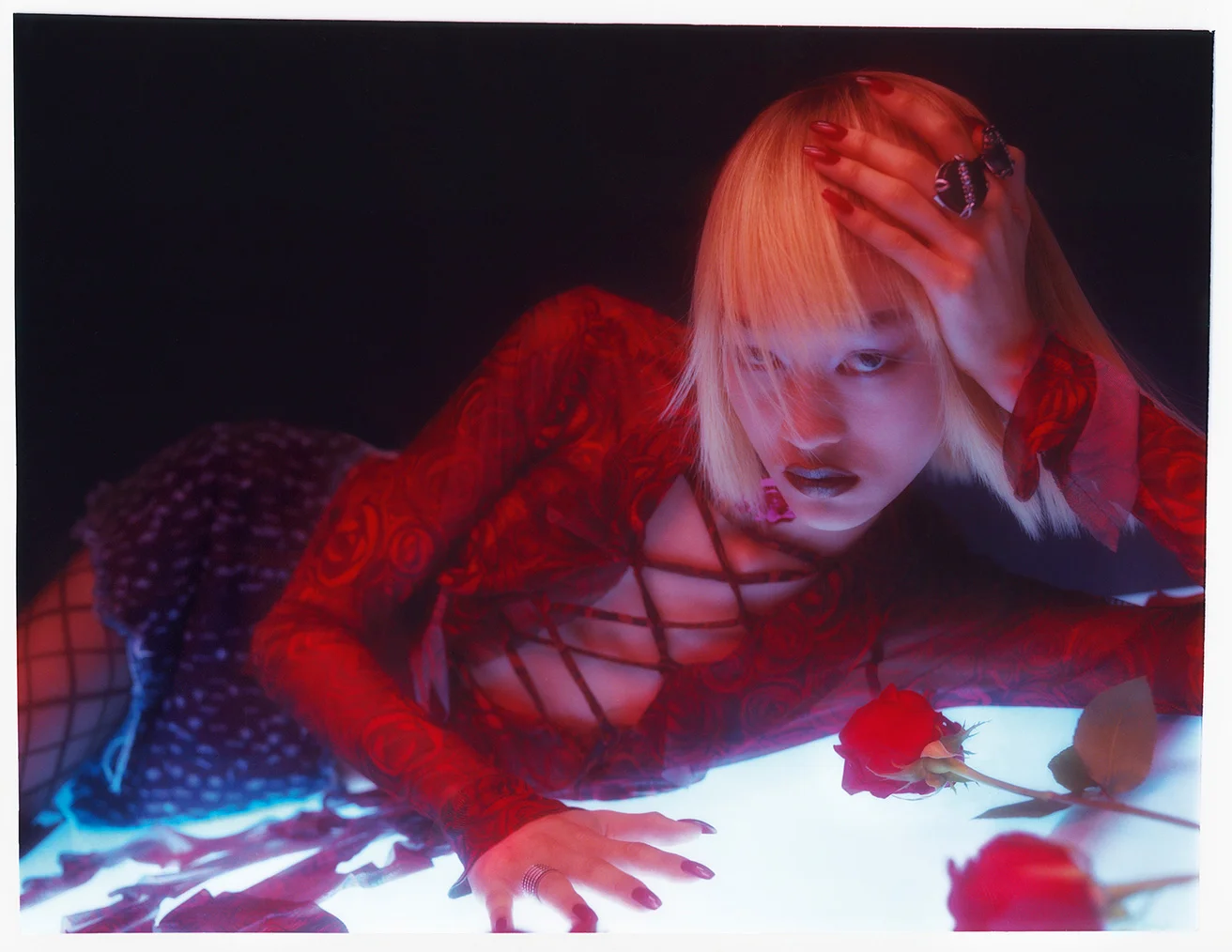 Blonde woman in red lace top poses with red roses on a reflective surface in a studio. Focus on fashion and beauty.