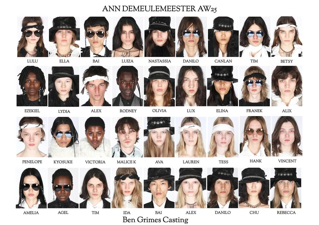 Fashion editorial featuring a grid of diverse models showcasing the ANN DEMEULEMEESTER AW25 collection, highlighting unique headwear and eyewear.