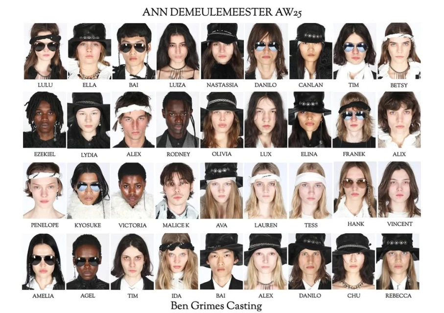 Fashion editorial featuring a grid of diverse models showcasing the ANN DEMEULEMEESTER AW25 collection, highlighting unique headwear and eyewear.