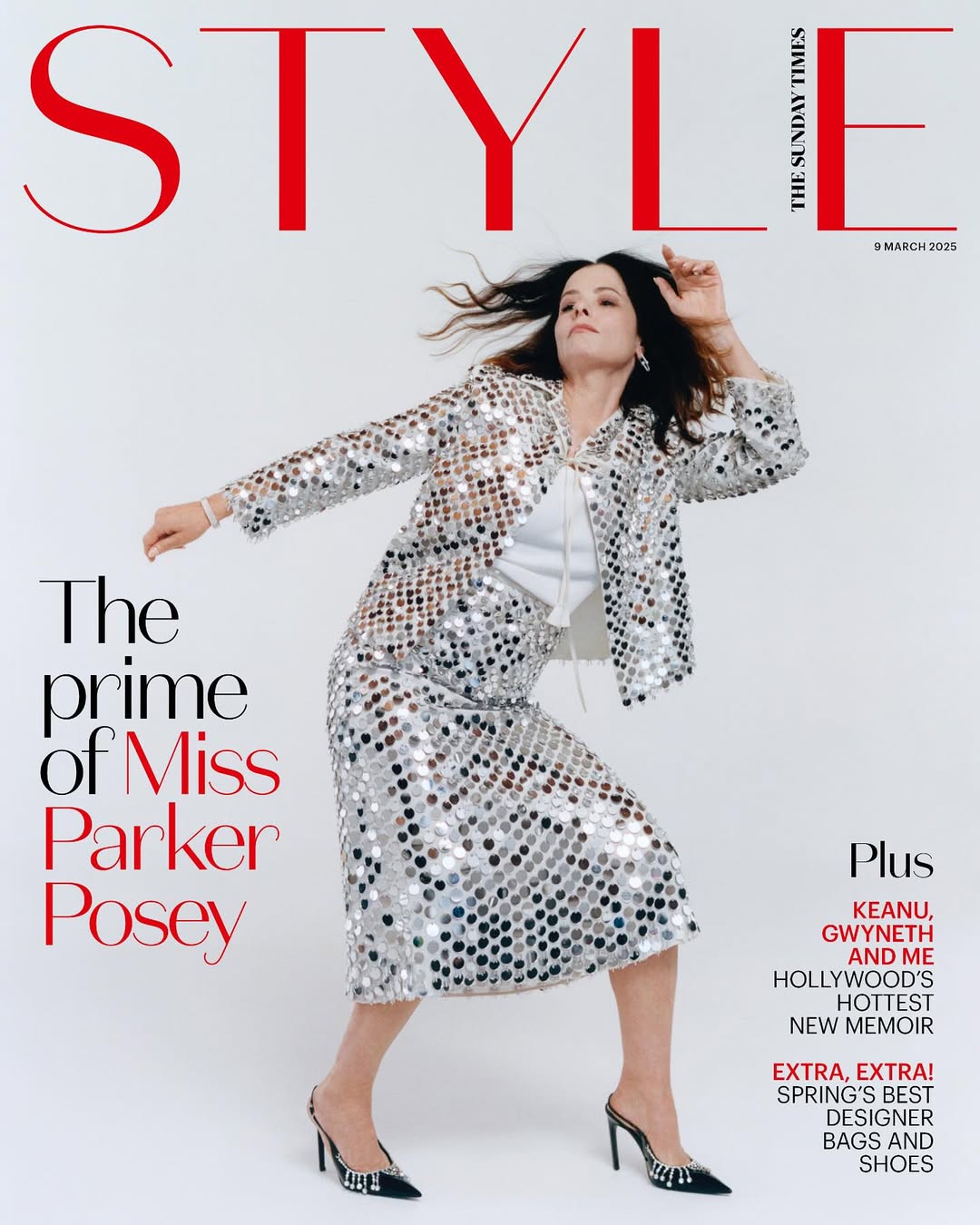 Magazine cover featuring a woman in a sparkling silver sequin suit and heels. The magazine cover is titled Style, with other cover text.