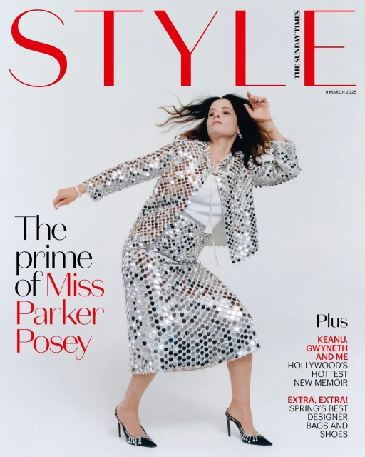 Magazine cover featuring a woman in a sparkling silver sequin suit and heels. The magazine cover is titled Style, with other cover text.