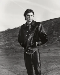 Man wearing a black leather jacket and pants posing outdoors against a dark hill background