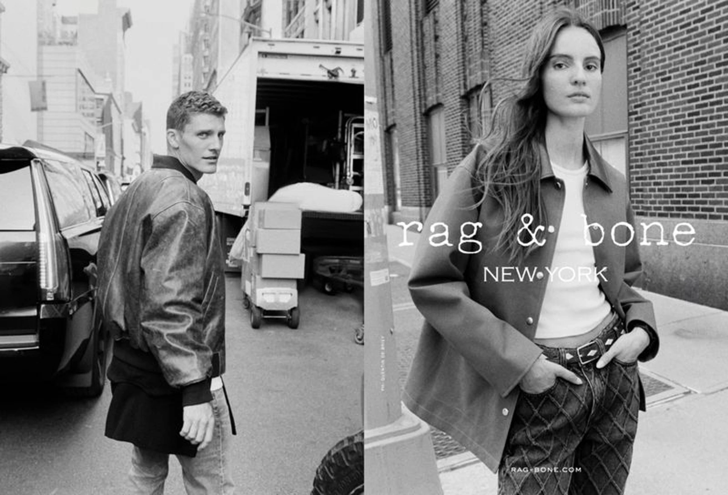 Black and white fashion shot featuring a male model in a bomber jacket and a female model in a jacket in an urban street setting.