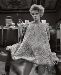 Black and white editorial portrait of a woman in a textured patterned dress holding a lit cigarette with a blurred figure in the background.