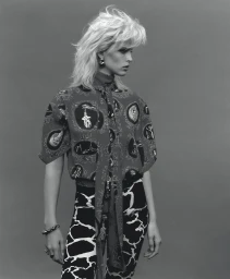 Model with voluminous blonde hair wearing patterned blouse and patterned trousers against grey background