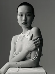Portrait of a bald person with graphic eyeliner wearing a halter top holding a cord by James Tolich in Sydney