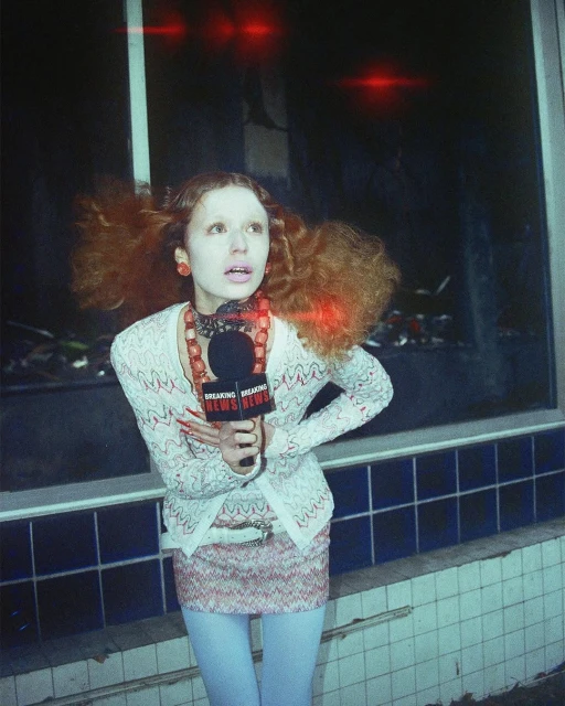 Woman holding a 'Breaking News' microphone stands near a blue-tiled wall, wearing a knitted jacket, mini skirt and light blue leggings.