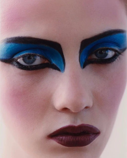 Close-up portrait of a fair-skinned woman with dramatic makeup featuring blue eyeshadow, thick black eyebrows, and dark burgundy lipstick.