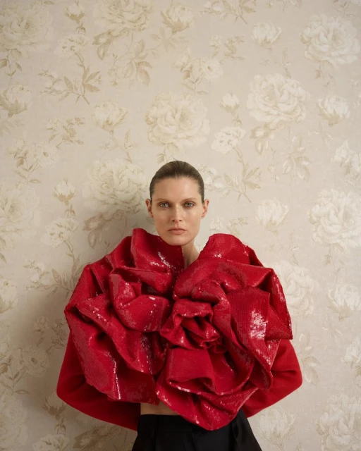 Fashion shot of an adult female wearing a red, sequined top with floral wallpaper in the background. Studio shot.
