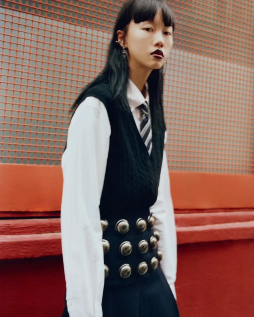 Asian woman in stylish school-uniform-inspired fashion stands against an orange wall, showcasing a blend of modern and classic elements.