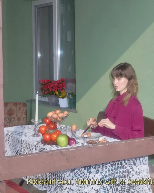 Woman in magenta blouse prepares breakfast outdoors, featuring eggs, tomatoes, and flowers, with an open window in the background.