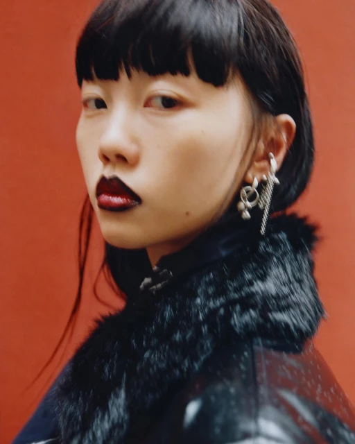 Portrait of a young Asian woman with dark hair and dark lipstick wearing a black jacket and silver earrings against an orange backdrop.