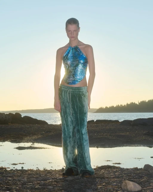 A young adult woman poses in a glittering halter top and velvet pants on a rocky shore at sunset, with the ocean and sky in the background.