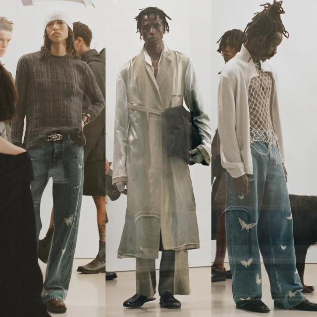 Runway fashion shot featuring three models in streetwear-inspired outfits, showcasing denim jeans and neutral-tone layering against a clean backdrop.