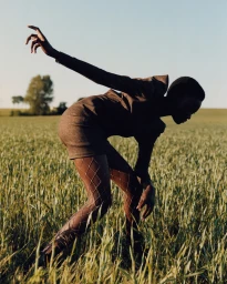 Model in a brown blazer dress and fishnet tights posing amidst tall green grass in an open meadow by Julia Asaro.