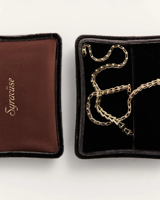 Gold chain necklace displayed inside a black velvet jewelry box, with the brand name 'Syracuse' visible on a brown box to the left.
