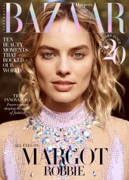 Margot Robbie on the cover of Harper s Bazaar magazine wearing a heavily embellished pastel lavender dress with crystal beading