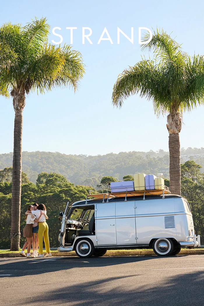 Group of three young women hugging near a vintage silver camper van with luggage on the roof under palm trees