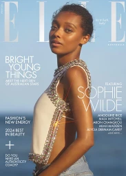 Magazine cover portrait of actress Sophie Wilde wearing an embellished white top against a clear blue sky