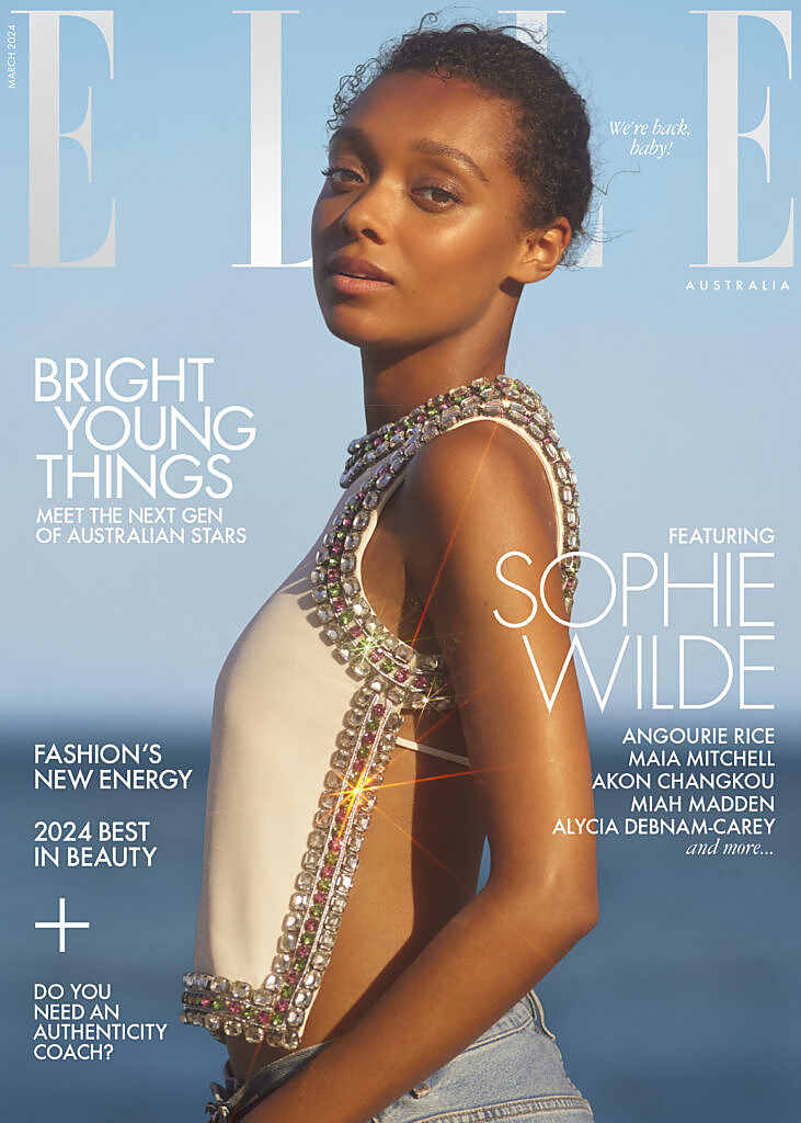 Elle Australia cover featuring Sophie Wilde, wearing a white top with jeweled trim, against a sky and sea background.