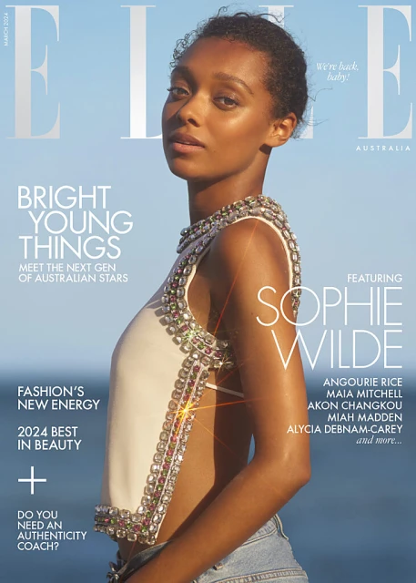 Elle Australia cover featuring Sophie Wilde, wearing a white top with jeweled trim, against a sky and sea background.