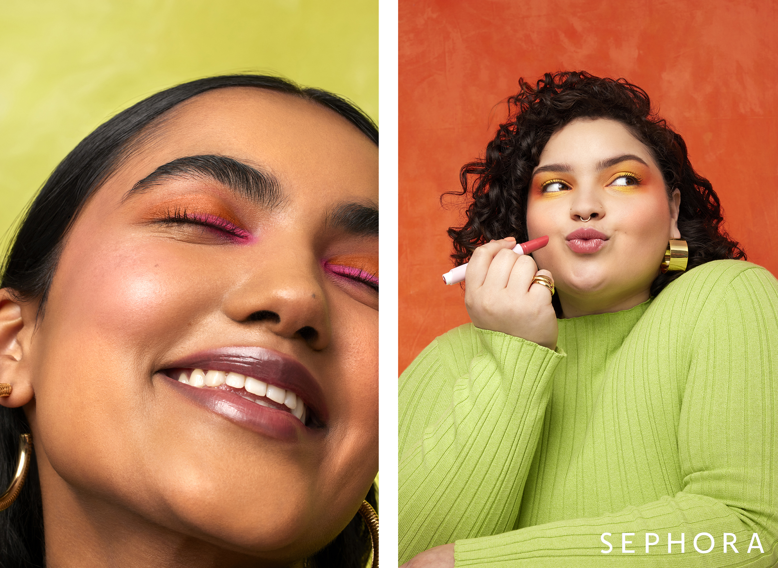 Two portraits: one woman with bright eyeshadow smiling with eyes closed; another with lipstick, curly hair, and gold hoop earrings.