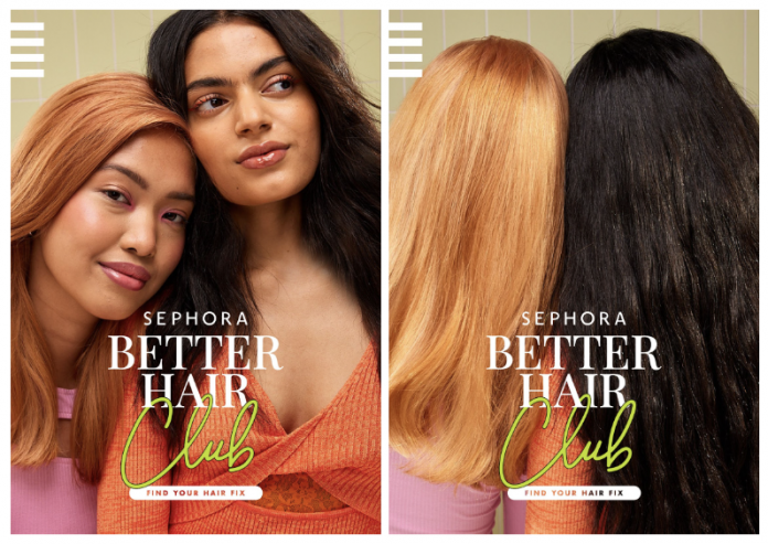 Two young women pose for a Sephora hair product ad, highlighting various hair colors in a close-up studio shot with bright lighting.