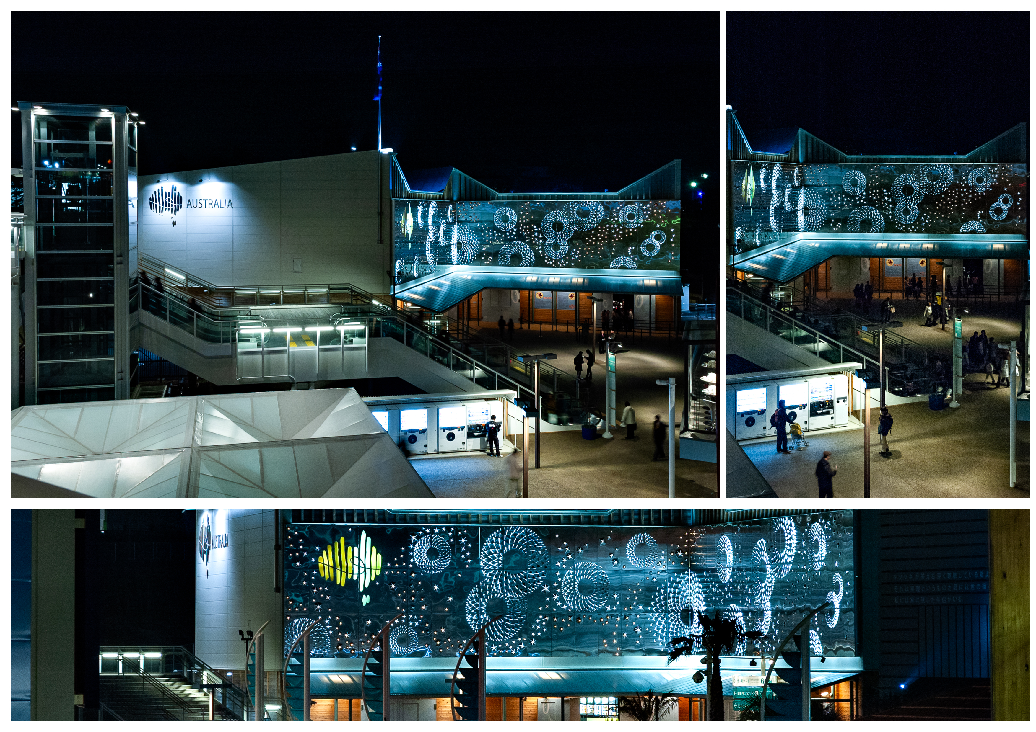 Exterior view of the Australia pavilion at night, featuring architectural lighting, illuminated signage, and silhouetted figures.