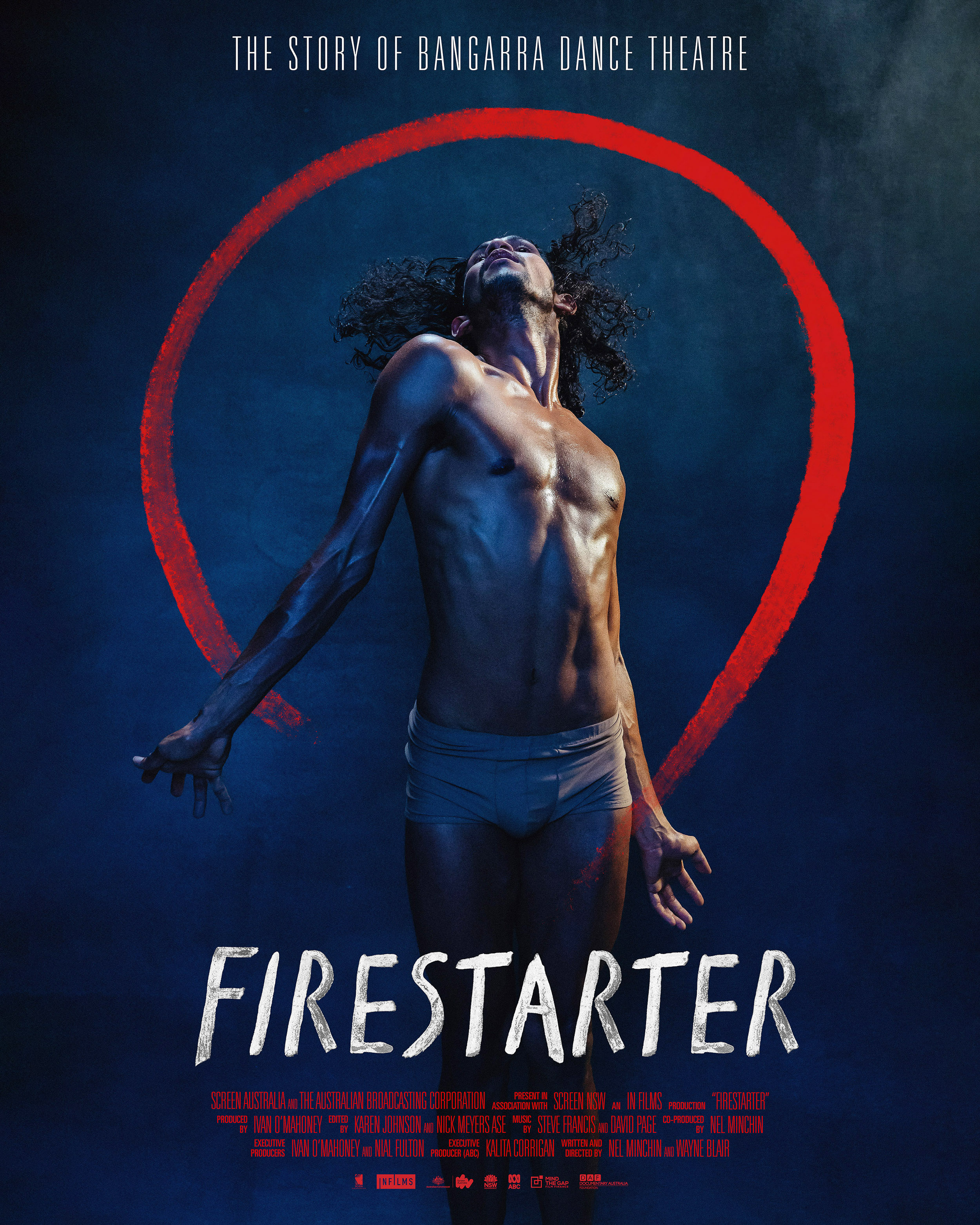 Movie poster featuring a bare-chested man standing in front of a red circle against a dark blue background with the title 'Firestarter'.