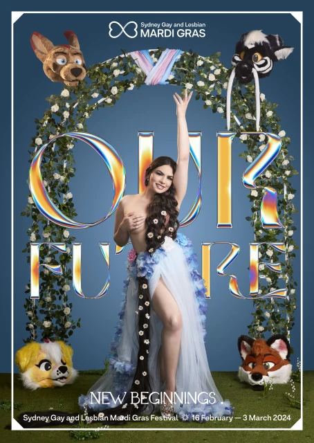 Promotional image for Sydney Gay and Lesbian Mardi Gras Festival, featuring model in flower dress and whimsical animal masks.
