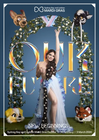 Promotional image for Sydney Gay and Lesbian Mardi Gras Festival, featuring model in flower dress and whimsical animal masks.