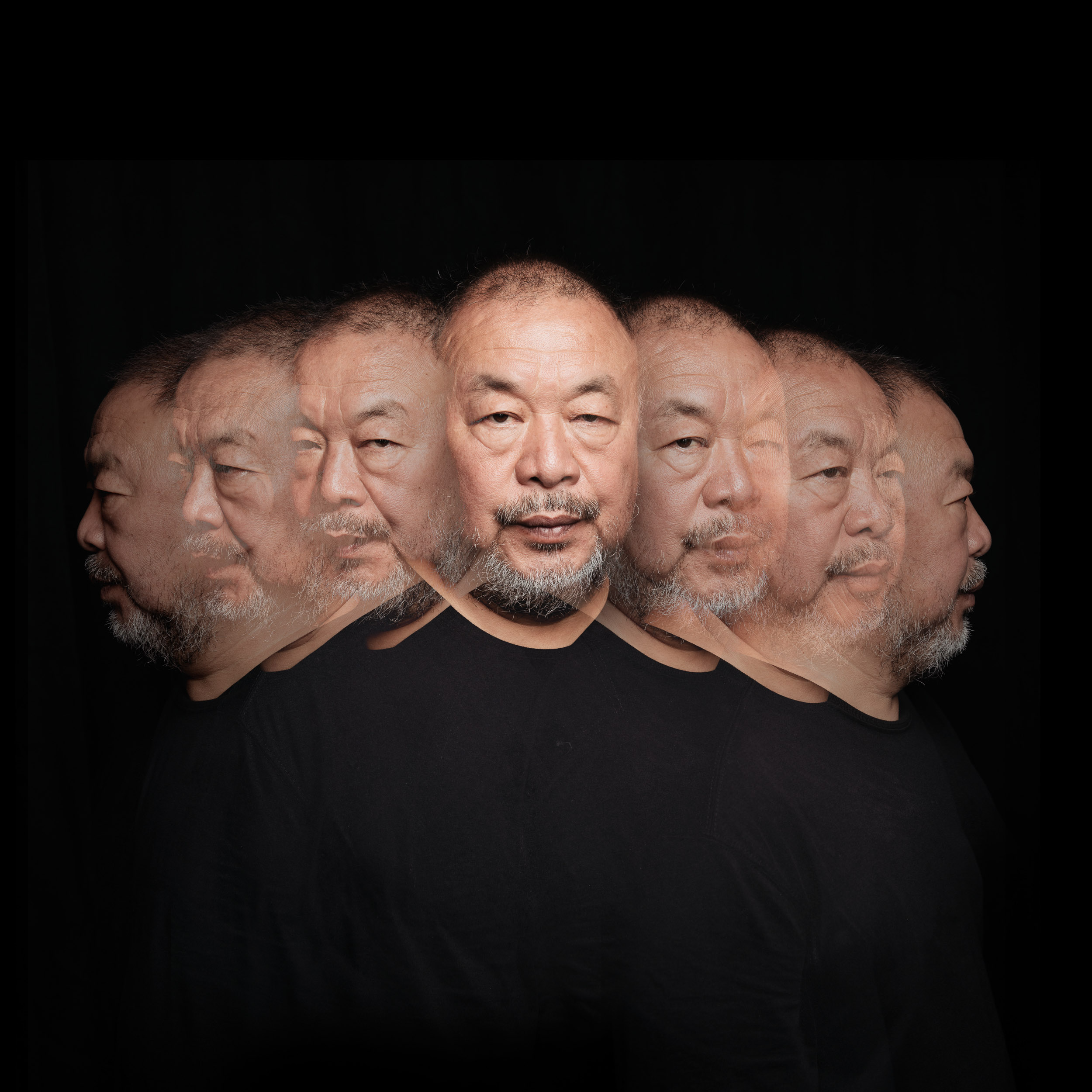 Multiple exposures of an adult Asian male in a black shirt on a dark background, creating an overlapping, repeating portrait.