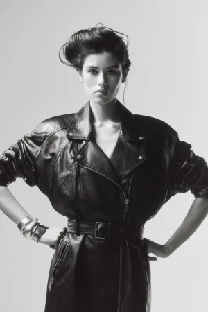 Monochrome portrait of a woman wearing a belted leather jacket with pronounced shoulders against a grey seamless background.