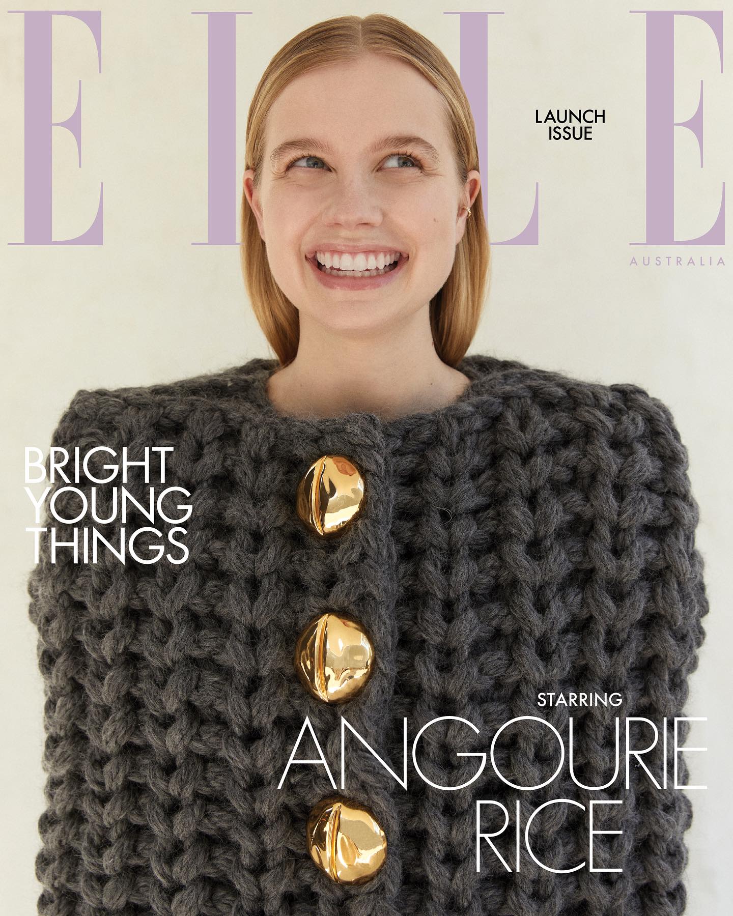 Elle Australia cover featuring Angourie Rice wearing a grey, knit jacket with large gold buttons, smiling, against an off-white background.