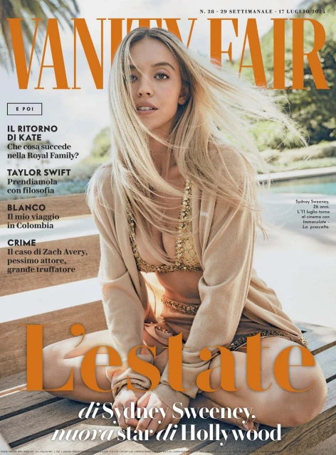 Magazine cover featuring Sydney Sweeney in a beige outfit sitting on a wooden bench outdoors with a pool and foliage in the background.