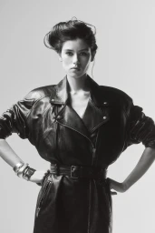 Monochrome portrait of a woman wearing a belted leather jacket with pronounced shoulders against a grey seamless background.