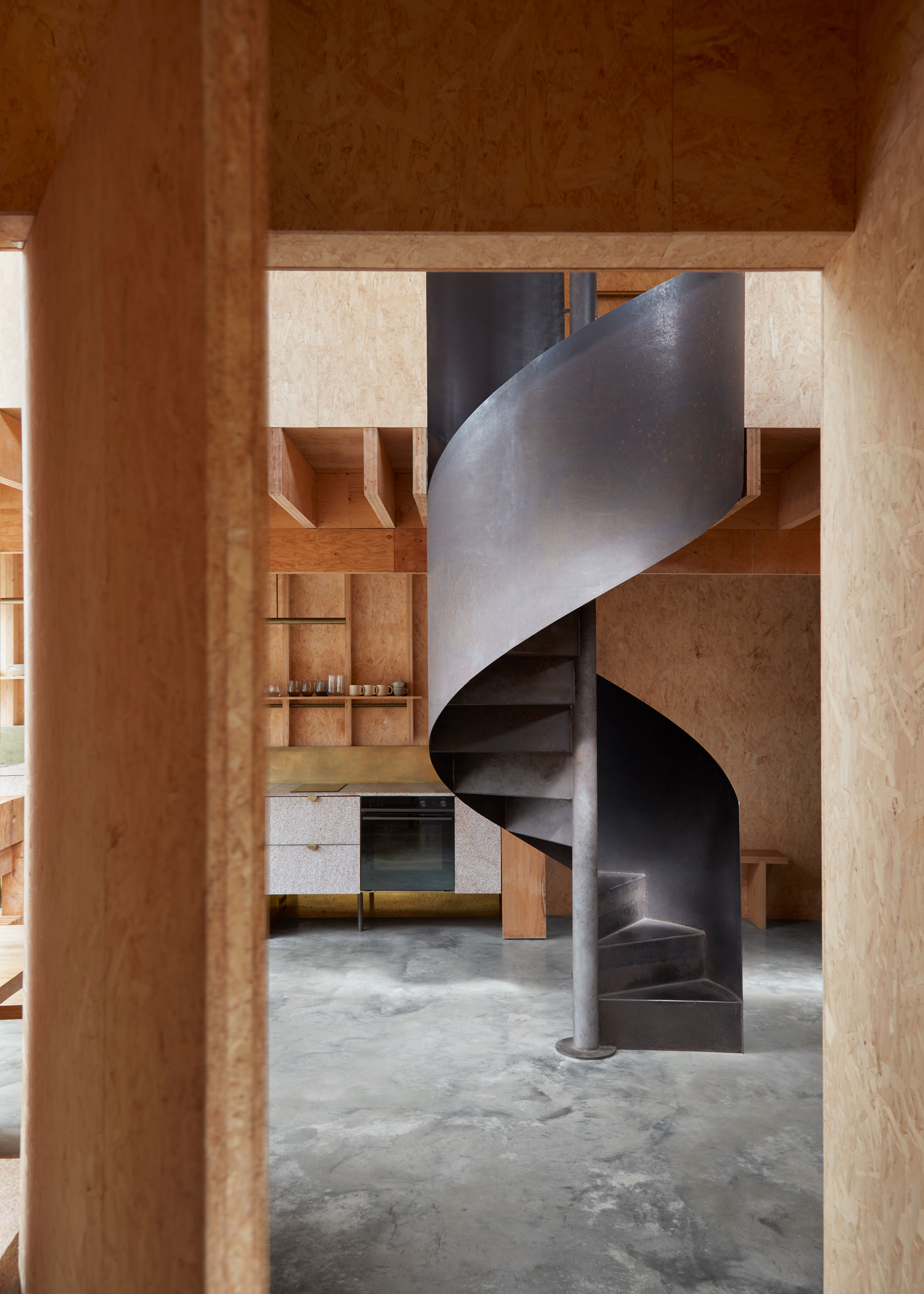 Indoor shot of a metal spiral staircase within a minimalist interior featuring wood-paneled walls and a concrete floor, with kitchen elements.