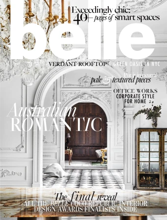 Belle magazine cover featuring an interior design awards issue with a detailed architectural backdrop, chandelier, and muted color palette.