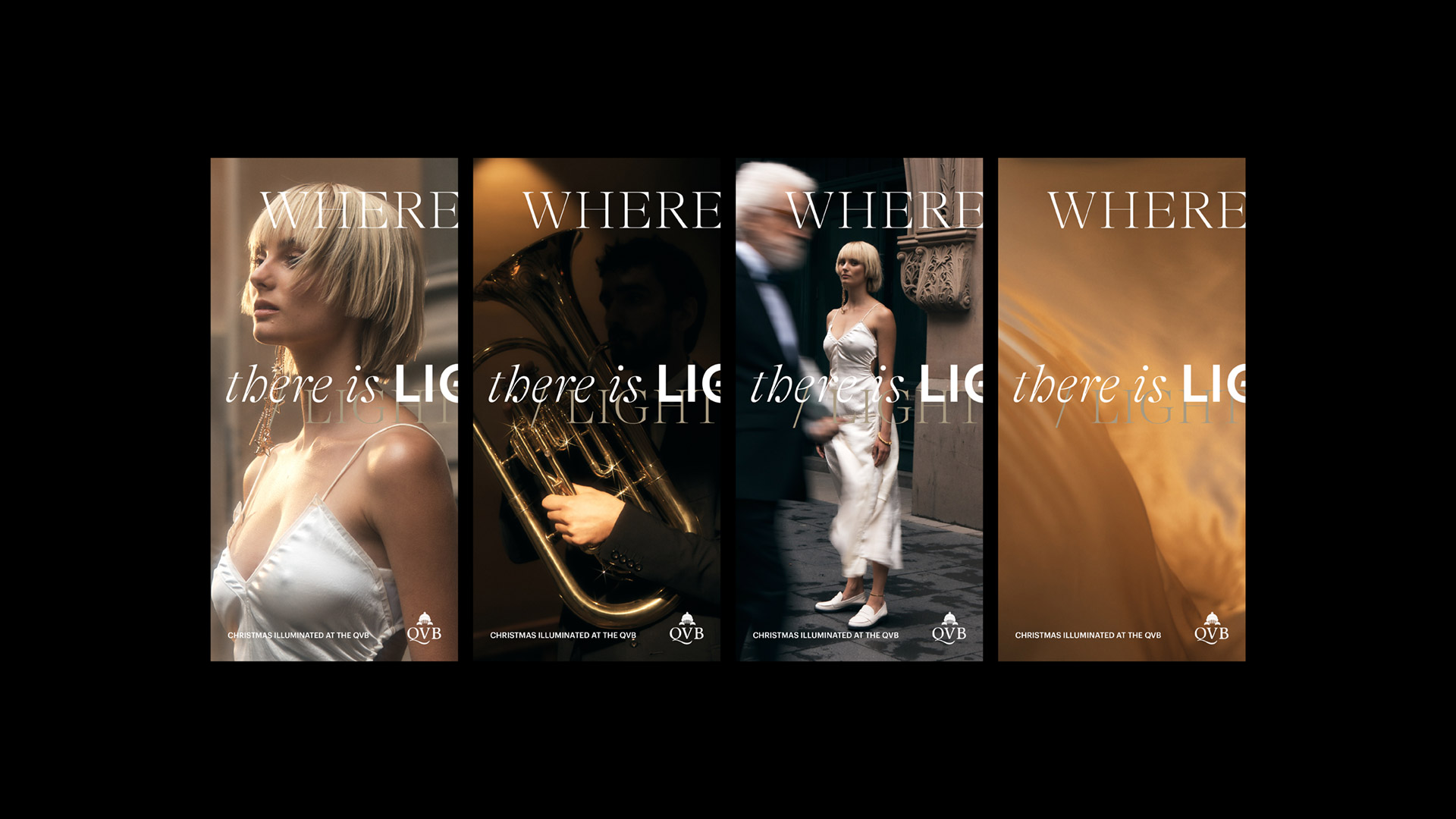 Compilation of four fashion portraits with a woman in a white dress, a musician, and golden abstract shapes. QVB Christmas campaign.