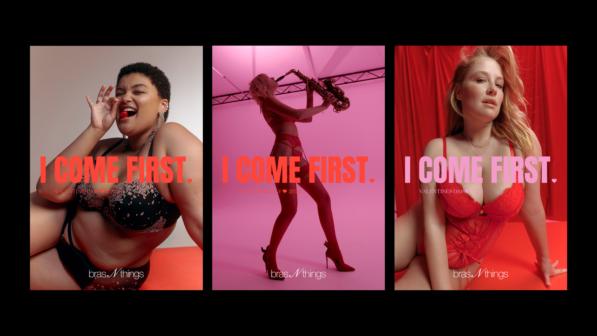 Three panels show women in lingerie: one with cherry, one with saxophone, one reclining against red. Bras N Things Valentine's ad.