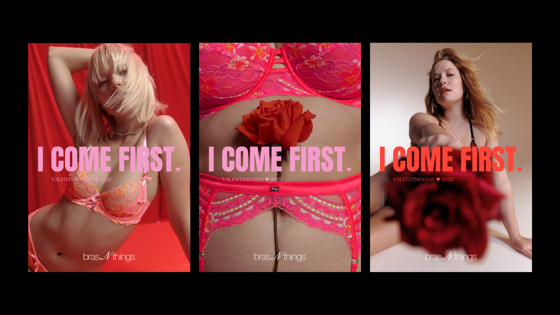 Three panels show a lingerie campaign with women and roses. The advertisement for brasnthings promotes self-love for Valentine's Day.
