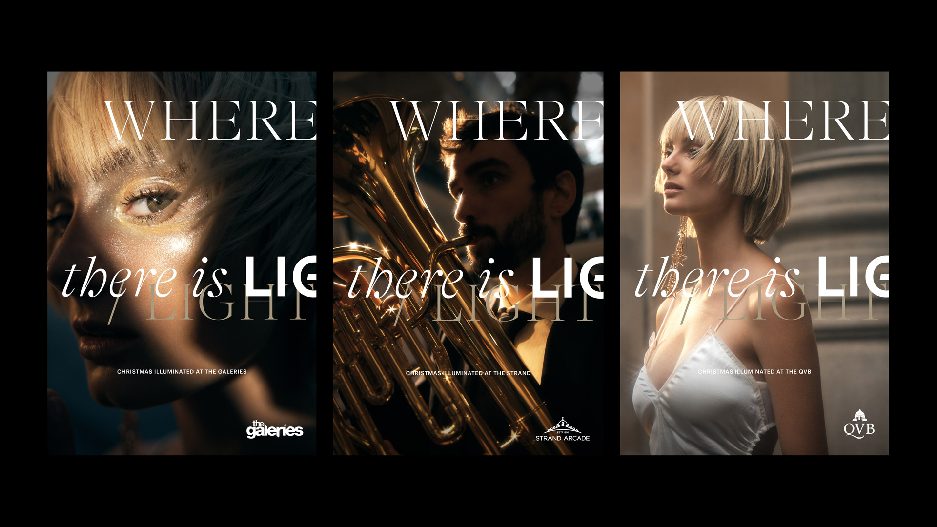 Three-panel advertising campaign featuring a woman's face, a man playing a tuba, and a woman with blonde hair and gold earrings.